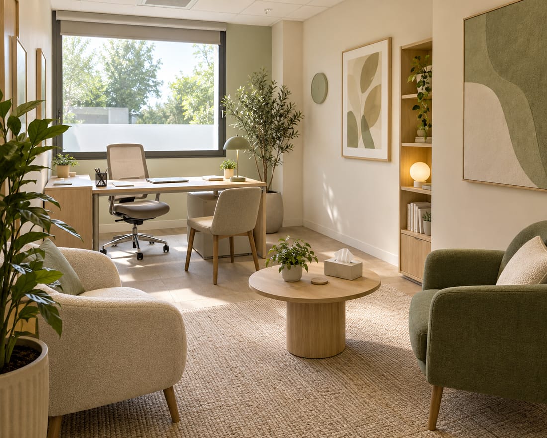 A consulting room: a light wooden desk in front of a wide window looking onto trees, two armchairs and a round coffee table on a jute rug, green plants and a lit shelf unit.