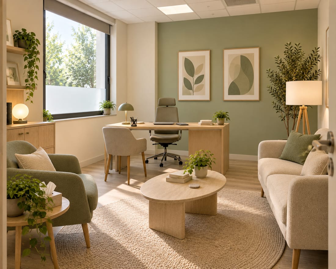 A consulting room: a sage-green feature wall with two botanical prints, a light wooden desk with an office chair, a sofa and a green armchair around an oval travertine coffee table, a round jute rug and a potted olive tree.