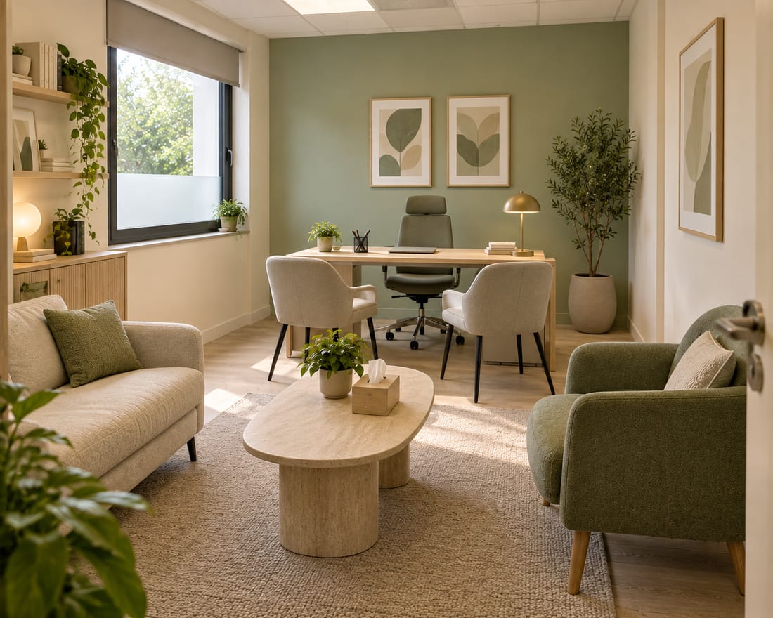 Le même bureau vu depuis la porte : une bibliothèque garnie de plantes, un canapé écru, deux chaises visiteur devant le plan de travail adossé au mur vert, un fauteuil vert et une table basse ovale sur un tapis de jute.