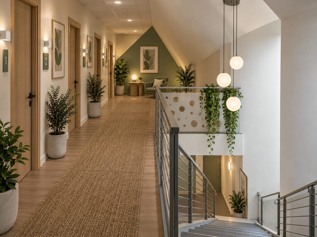 Le couloir du centre : des portes de bureaux en bois clair numérotées une à trois, un tapis de jute en longueur, des plantes en pots de béton, et au fond un coin d'attente avec un fauteuil vert sous un pan de mur sauge. À droite, l'escalier et sa rambarde vitrée éclairée par trois suspensions globe.