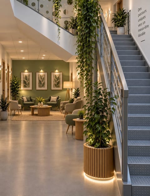 El pasillo del centro visto desde la escalera: una escalera metálica clara bordeada de plantas trepadoras, una pared con la frase «Des parcours uniques vers un mieux-être durable» (itinerarios únicos hacia un bienestar duradero) y, al fondo, un rincón de espera ante una pared verde salvia con tres láminas botánicas: butacas verdes y de color crudo en torno a una mesa baja redonda de madera, alfombra de yute y plantas en macetas. A la izquierda, las puertas de las consultas.