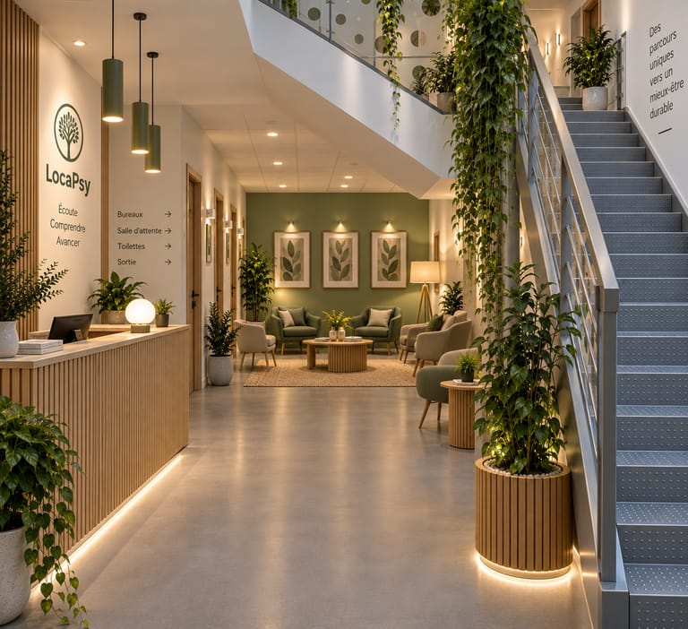 Le hall d'accueil : une banque en lattes de bois clair marquée LocaPsy, éclairée par trois suspensions cylindriques vertes, des plantes vertes sur le comptoir et au sol. À droite, un coin d'attente avec quatre fauteuils écrus et un fauteuil vert autour d'une table basse ronde, devant un mur sauge portant trois estampes botaniques ; au fond l'escalier bordé de plantes grimpantes.